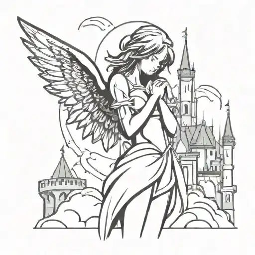 Anime Angel Girl In Front Of The Castle Minimalist