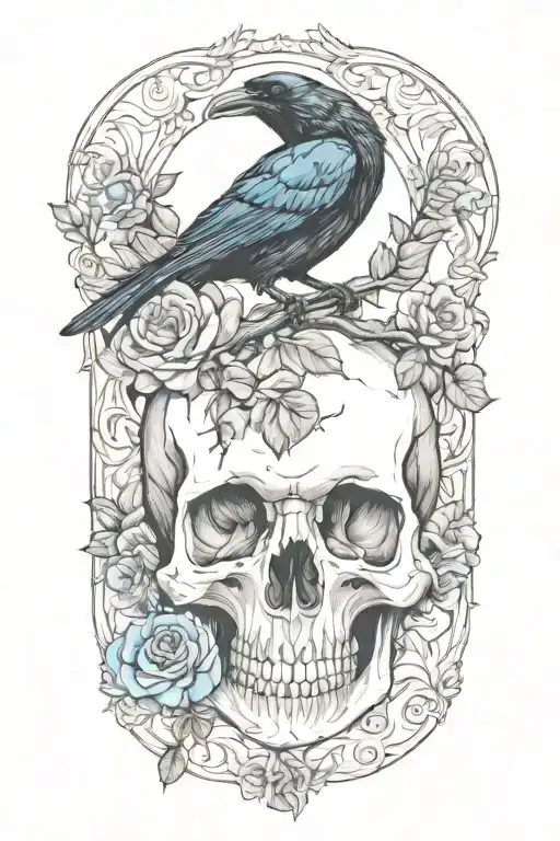Raven On Skull With Blue Roses