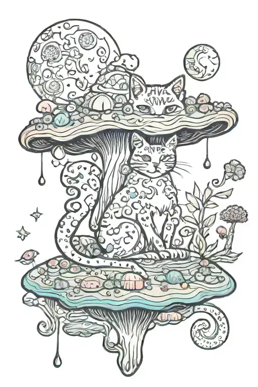 Melting Colorful Mushroom Cat With Moon