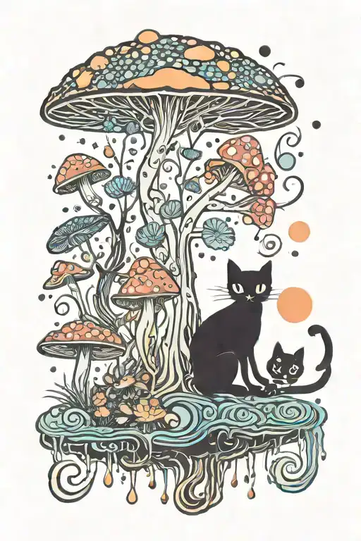 Melting Colorful Mushroom Black Cat With Moon