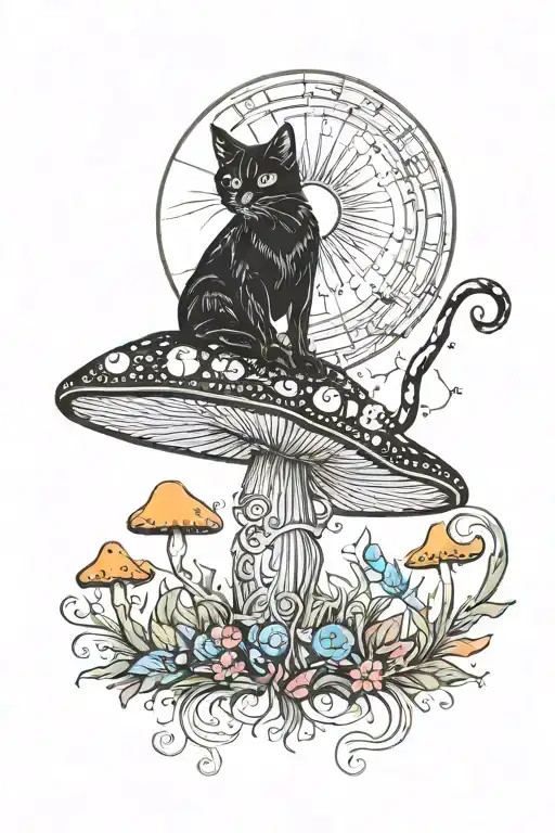 Colorful Mushroom Black Cat With Sun And Moon
