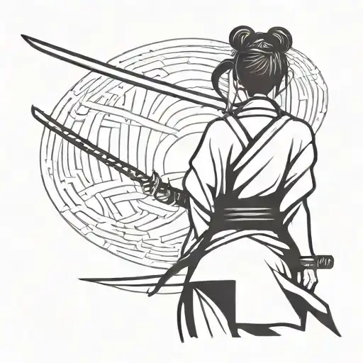 A Samurai Woman From The Back With A Katana In One Hand