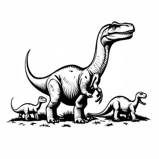 A Dinosaur Mother With Three Baby Dinosaurs