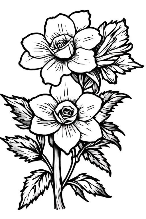 2 Daffodil Flowers With One Rose And A Simple Background