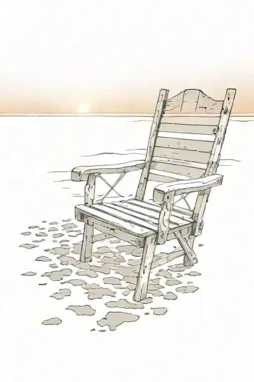Chair On The Beach At Sunset Sky With Foot Prints