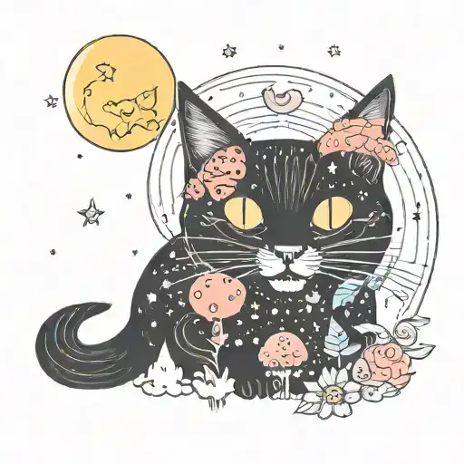 Black Cat With 3 Eyes With Colorful Mushrooms And Crescent Moon And Clouds And Stars And Sun