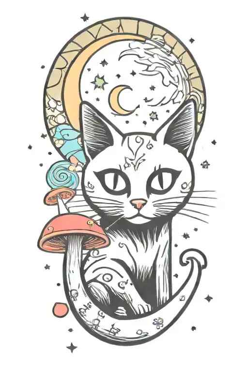 Black Cat With 3 Eyes With Colorful Mushrooms And Crescent Moon And Clouds And Stars And Sun