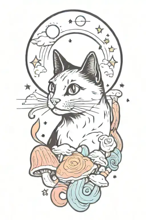 Black Cat With 3 Eyes With Colorful Mushrooms And Crescent Moon And Clouds And Stars And Sun