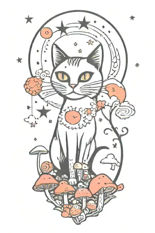 Black Cat With 3 Eyes With Colorful Mushrooms And Crescent Moon And Clouds And Stars