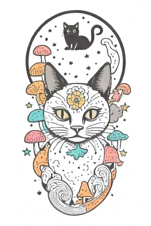 Black Cat With 3 Eyes With Colorful Mushrooms And Crescent Moon And Clouds And Stars