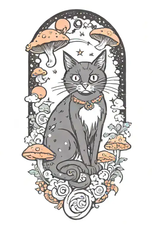 Black Cat With 3 Eyes With Colorful Mushrooms And Crescent Moon And Clouds And Stars