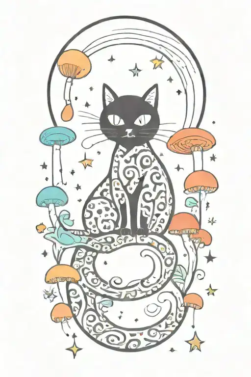 Black Cat With Colorful Mushrooms And Crescent Moon And Clouds And Stars