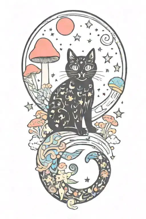 Black Cat With Colorful Mushrooms And Crescent Moon And Clouds And Stars