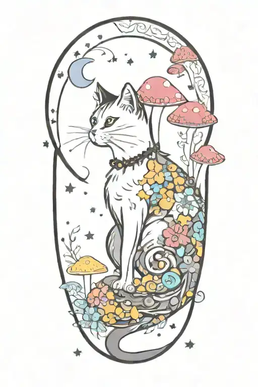 Black Cat With Colorful Mushrooms And Crescent Moon And Clouds And Stars