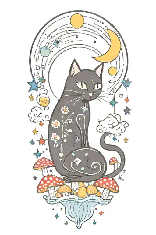 Black Cat With Colorful Mushrooms And Crescent Moon And Clouds And Stars Melting
