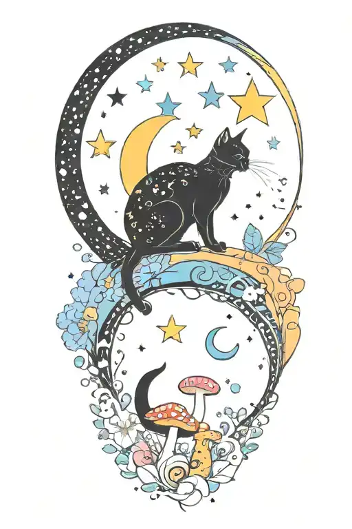 Black Cat With Colorful Mushrooms And Crescent Moon And Clouds And Stars Melting