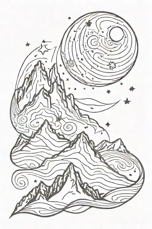A Swirl Shape Of Stars And A Moon And A Mountain Range