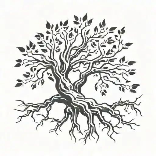 Big Old Tree Roots Exposed And Long Branches With Some Leaves