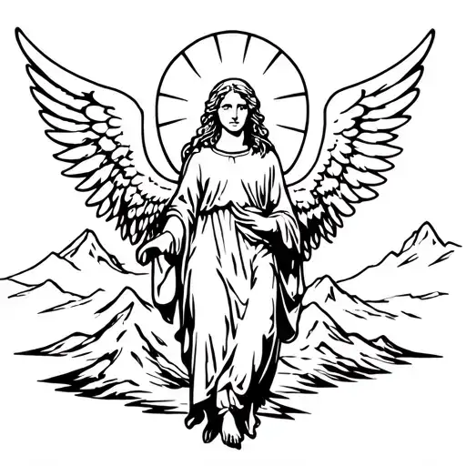 An Angel With Wings With Mountain A Sun Behind Clouds