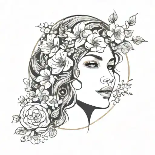 Feminie Female Face In A Circle With Flowers