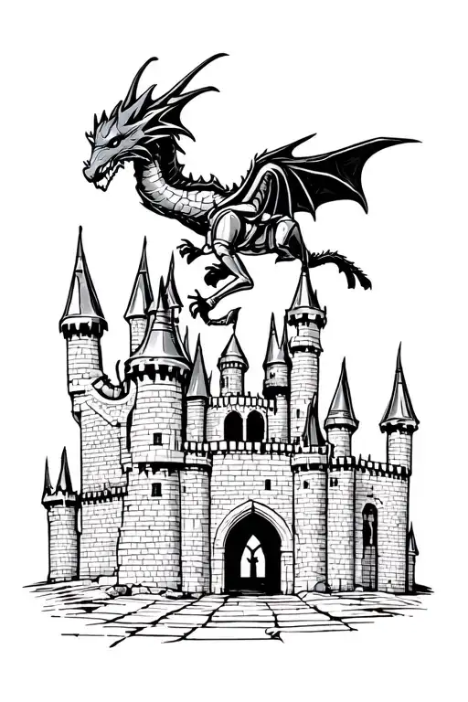 Knight With Dragon Flying Over Castle Guarded