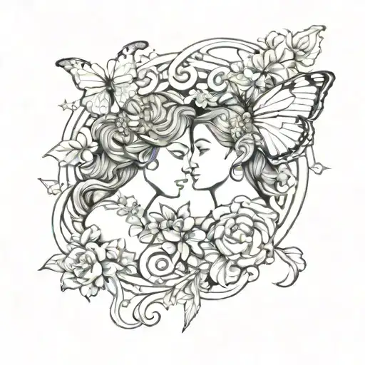 Gemini Zodiac Sign Intertwined With Butterfly And Flowers