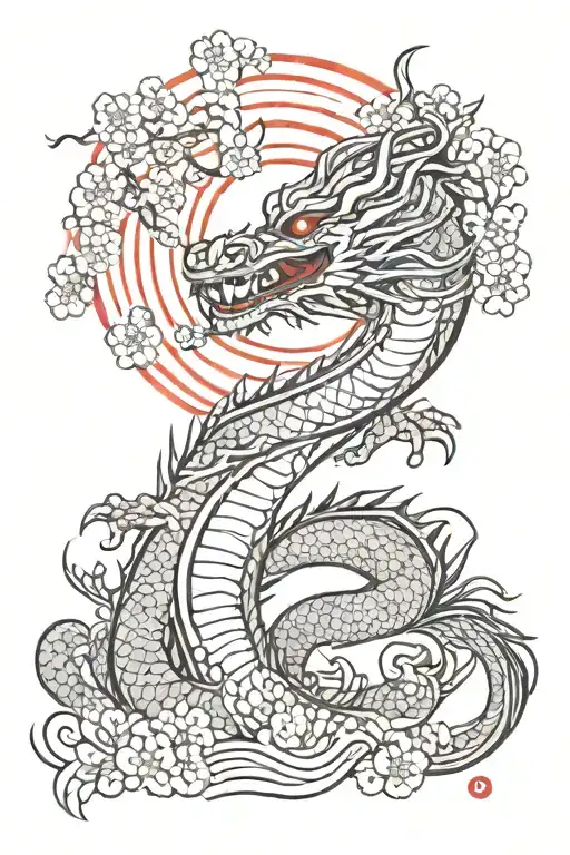 Red Outline Japanese Dragon With Red Sun And Red Cherry Blossoms With Japanese Handheld Fan