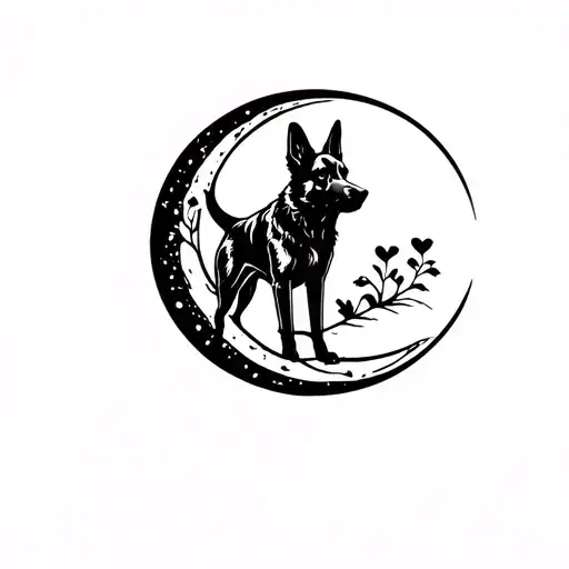 German Shepherd Dog Silhouette In A Crescent Moon