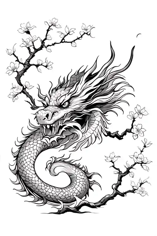 Chinese Dragon With Cherry Blossom Tree