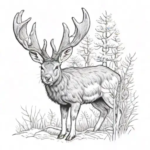Black And White Pencil Drawing Of A Jackalope In A Forest Clearing
