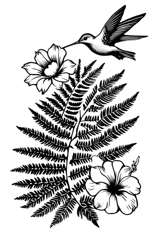 Fern And Hummingbird And Hibiscus Flower