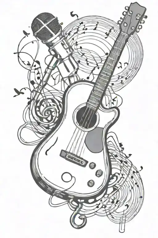 Music And Guitar And Microphone Intertwined