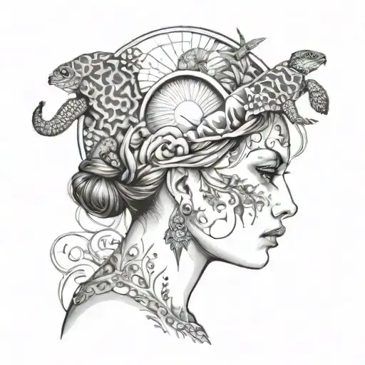 Women Face Tattoo And Tortoise Inside Her And A Moon On Head And Beautifule Neackless