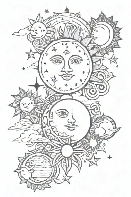 Sun And Moon With Little Designs Forming A Line Coming From The Top And Bottom