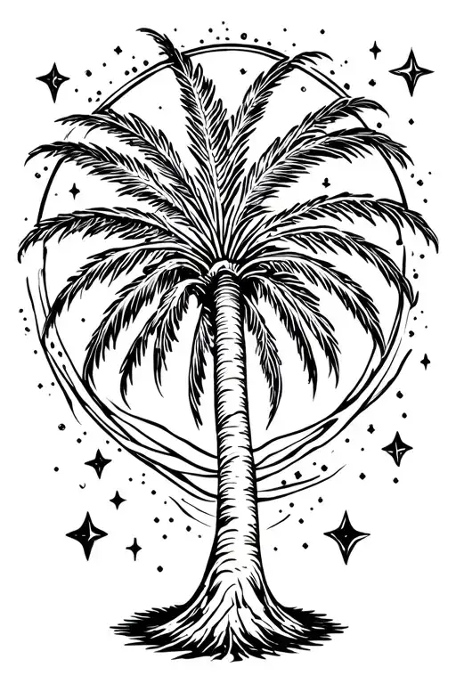 Palm Tree Tattoo Surrounded By Galaxies And Stars
