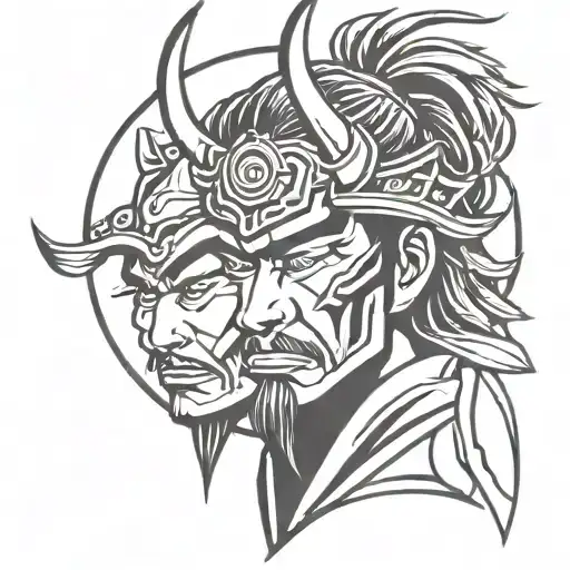 Japanese Samurai Warrior And Demon Face Surrounded