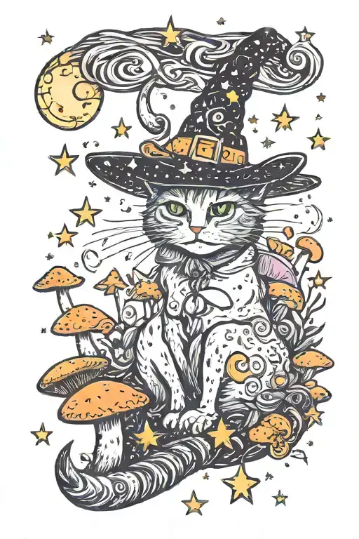 Witch Cat With Moon And Stars And Colorful Mushrooms Trippy