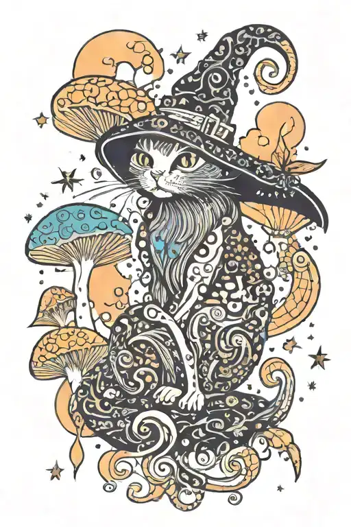 Witch Cat With Moon And Stars And Colorful Mushrooms Trippy