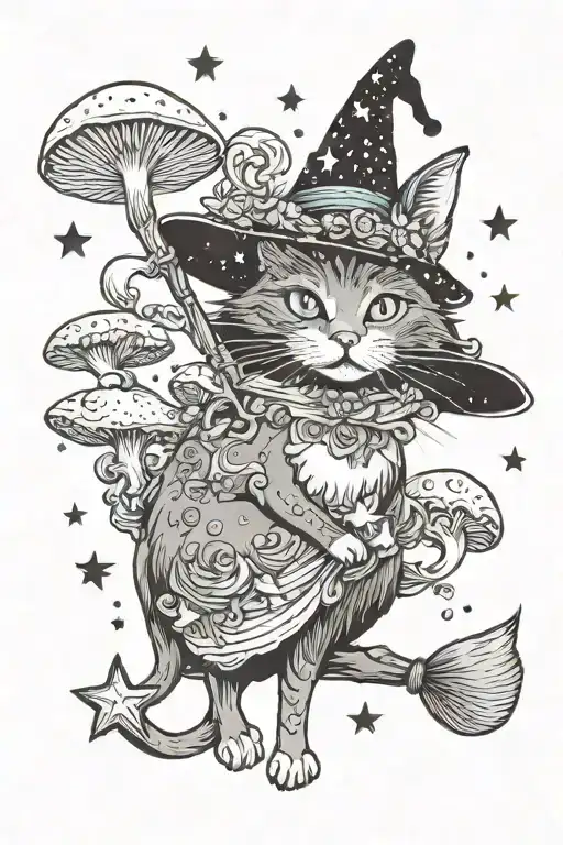 Witch Cat With Moon And Stars And Colorful Mushrooms Trippy