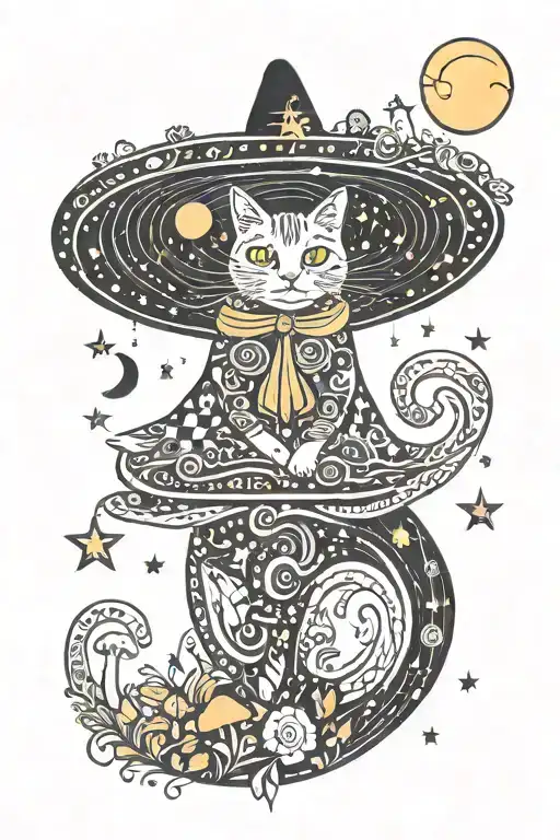 Witch Cat With Moon And Stars And Colorful Mushrooms Trippy