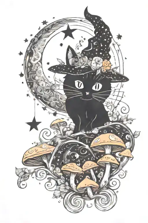 Witch Cat With Moon And Stars And Colorful Mushrooms Trippy