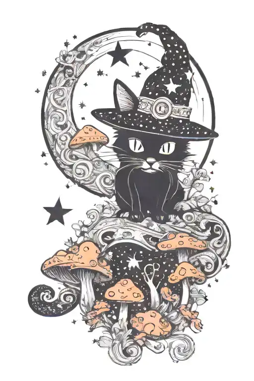 Witch Cat With Moon And Stars And Colorful Mushrooms Trippy