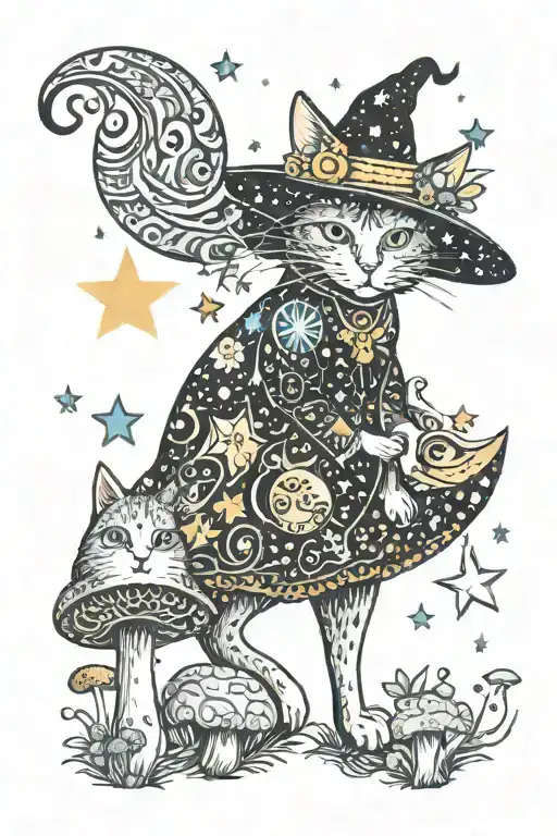 Witch Cat With Moon And Stars And Colorful Mushrooms Trippy