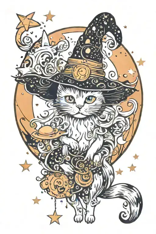 Witch Cat With Moon And Stars And Colorful Mushrooms Trippy