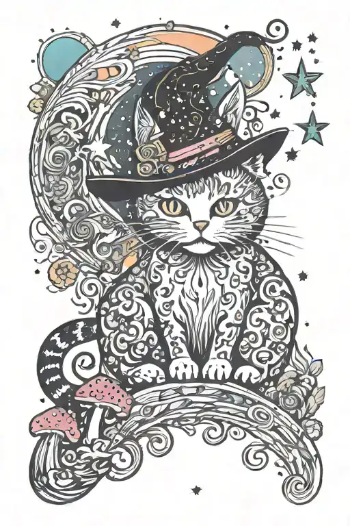 Witch Cat With Moon And Stars And Colorful Mushrooms Trippy