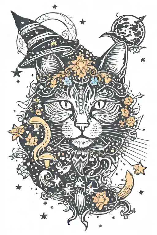 Witch Cat With Moon And Stars And Colorful Mushrooms Trippy