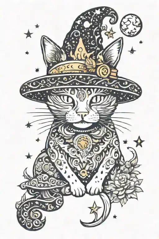 Witch Cat With Moon And Stars And Colorful Mushrooms Trippy