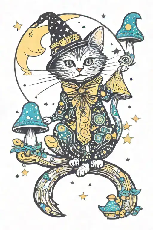 Witch Cat With Moon And Stars And Colorful Mushrooms Trippy