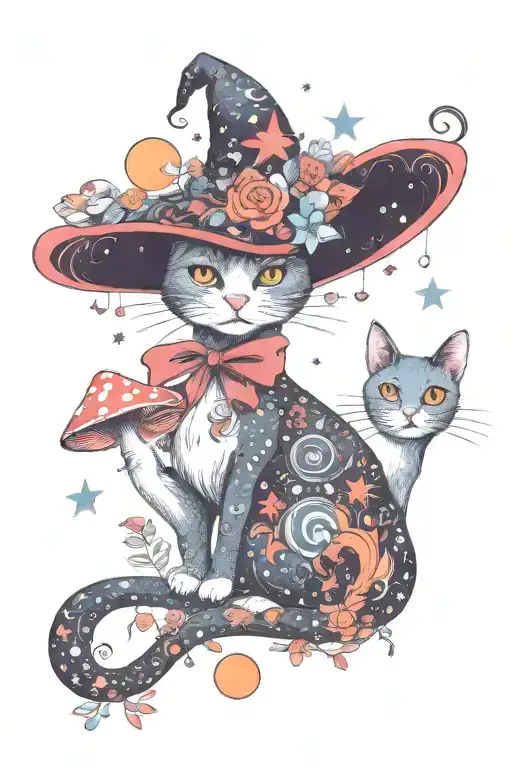 Witch Cat With Moon And Stars And Colorful Mushrooms Trippy