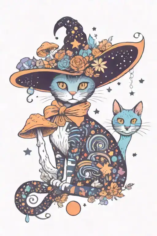 Witch Cat With Moon And Stars And Colorful Mushrooms Trippy